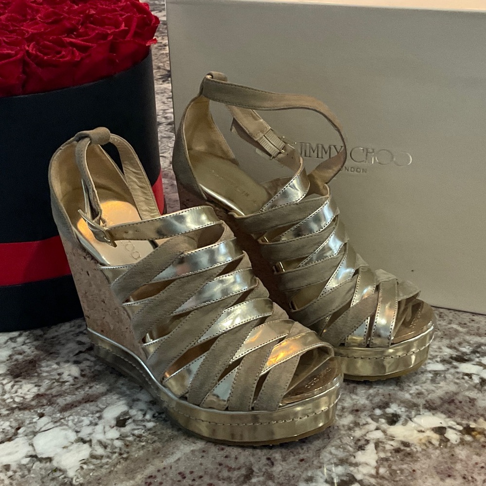 Jimmy Choo Metallic Gold Wedge Heels